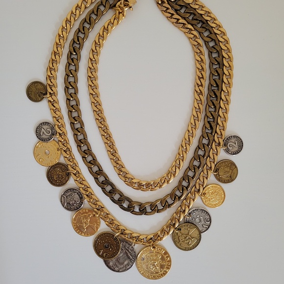 PETER LANG Vintage Statement Necklace Modernist Chunky Chain & Coin Charms . - Picture 4 of 5